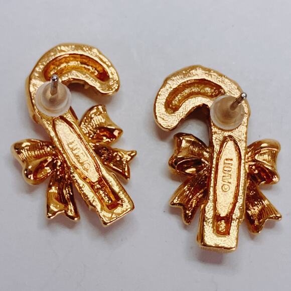 VTG Avon Signed Christmas Candy Cane Earrings Gold Tone Red Enamel Green Stone - Picture 7 of 10